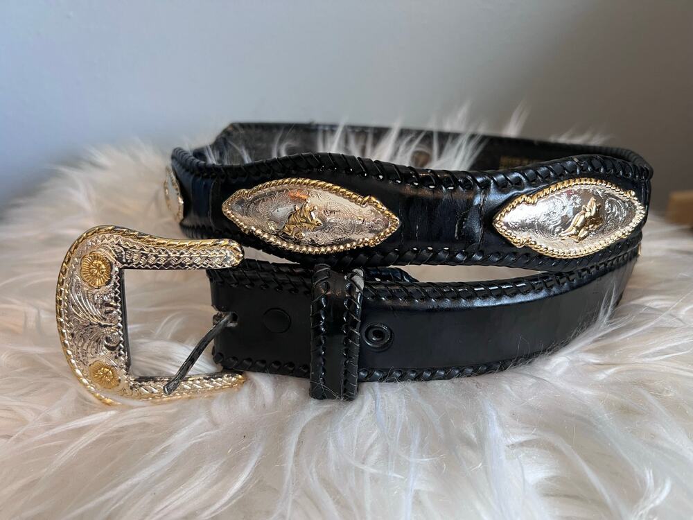 Western Belt Rodeo Black Leather Silver Gold Plated Sz 40 46” Bronco Embossed